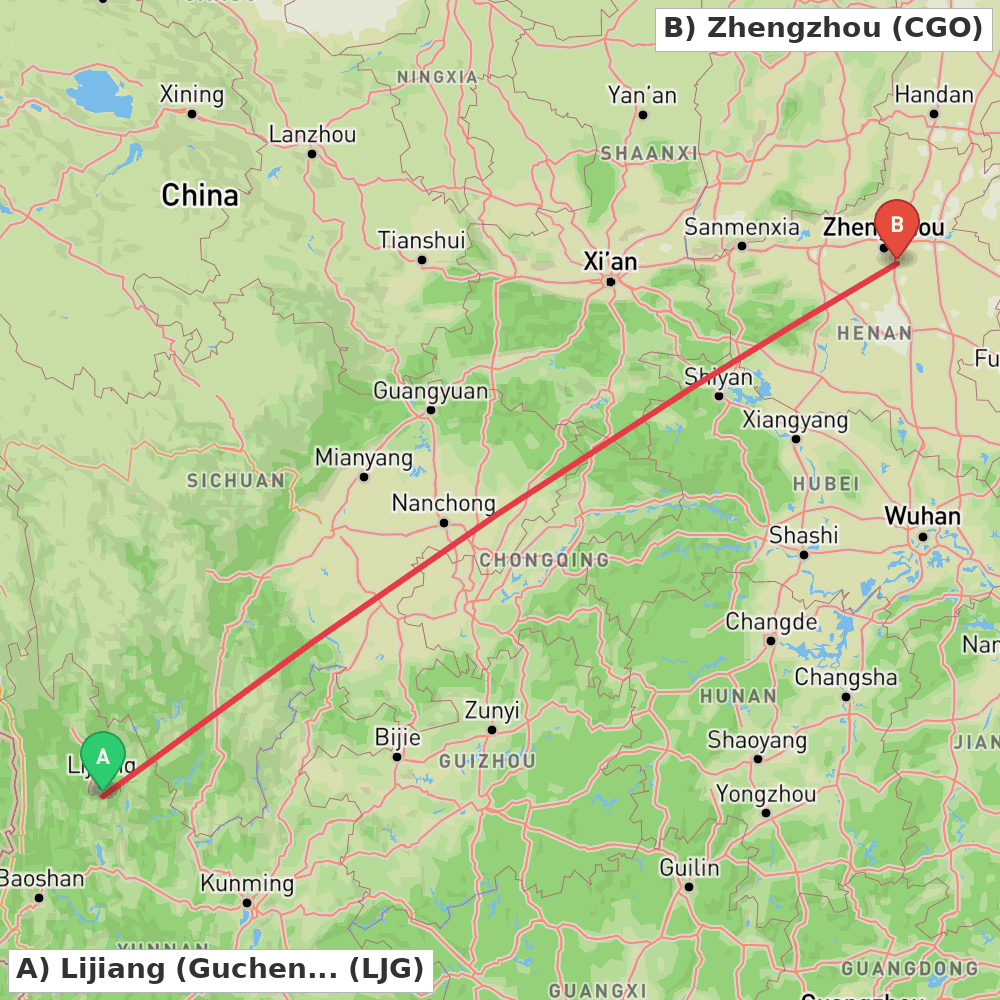 Flight route map from Lijiang (Gucheng) to Zhengzhou
