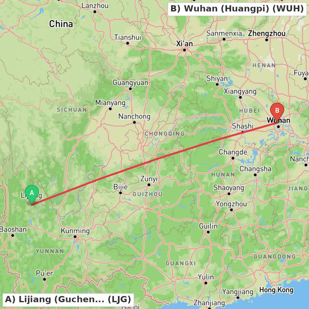 Flight route map from Lijiang (Gucheng) to Wuhan (Huangpi)