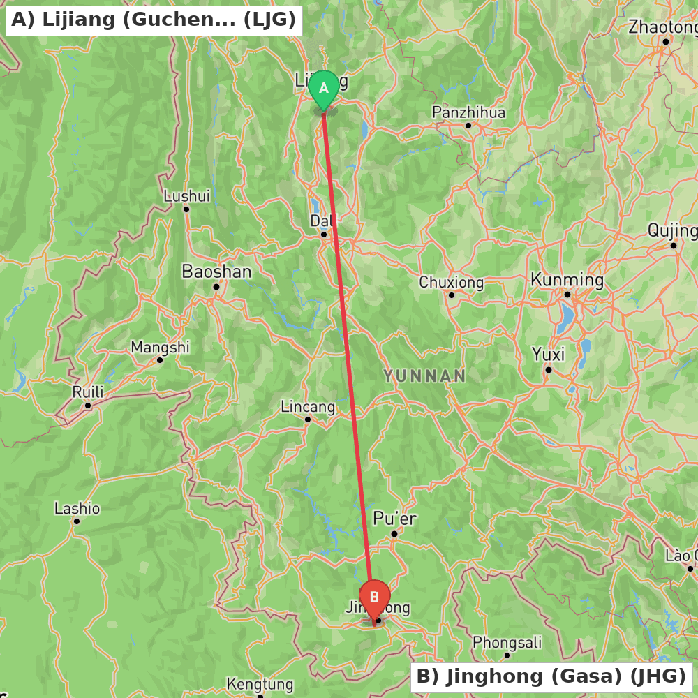 Flight route map from Lijiang (Gucheng) to Jinghong (Gasa)
