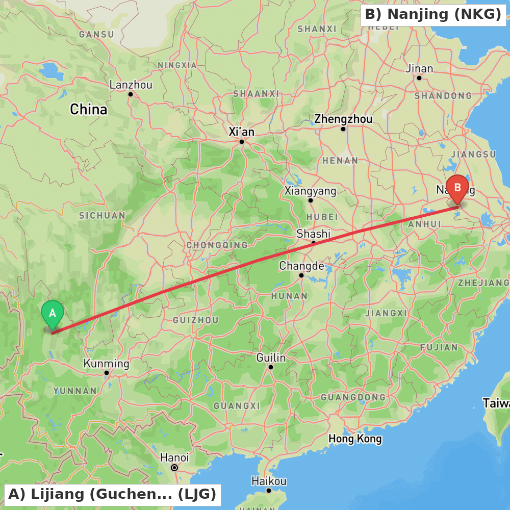 Flight route map from Lijiang (Gucheng) to Nanjing