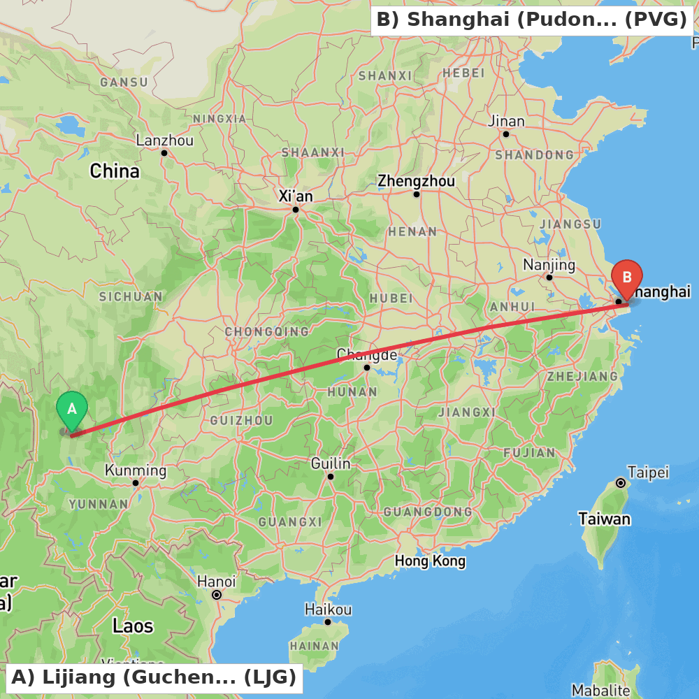 Flight route map from Lijiang (Gucheng) to Shanghai (Pudong)