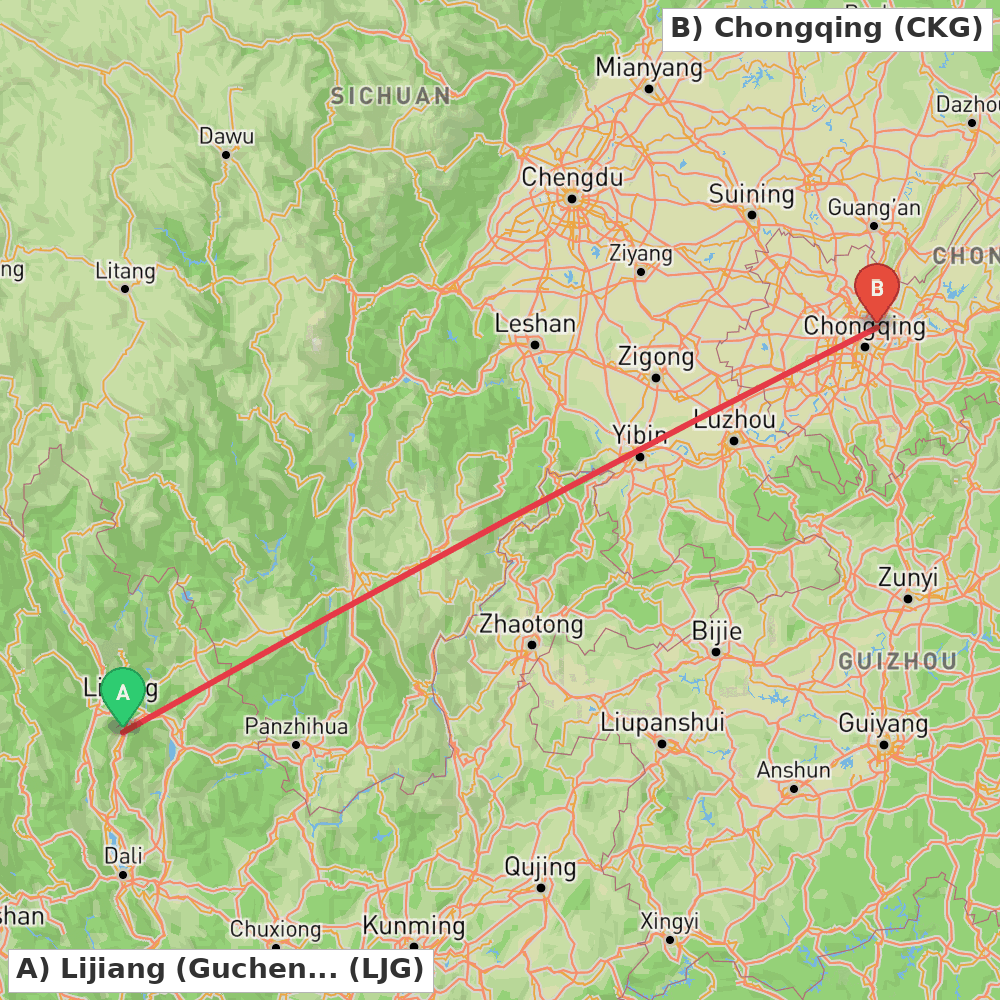 Flight route map from Lijiang (Gucheng) to Chongqing