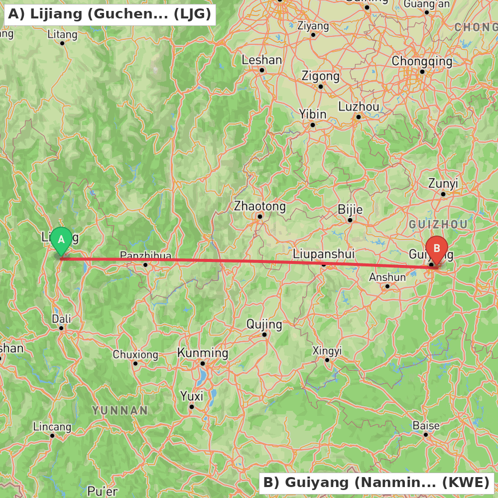 Flight route map from Lijiang (Gucheng) to Guiyang (Nanming)
