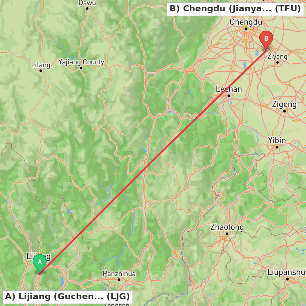 Flight route map from Lijiang (Gucheng) to Chengdu (Jianyang)