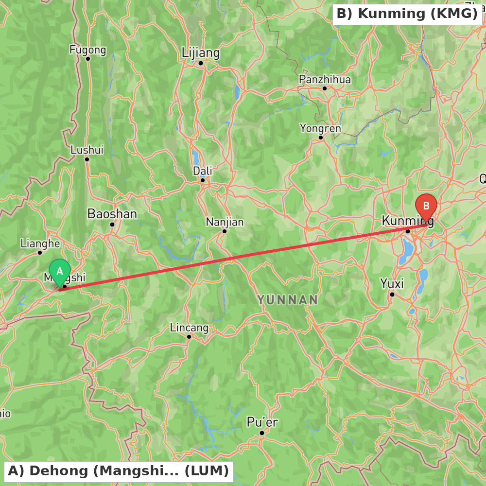 Flight route map from Dehong (Mangshi) to Kunming
