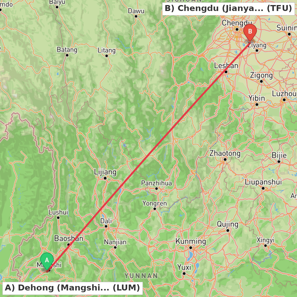 Flight route map from Dehong (Mangshi) to Chengdu (Jianyang)