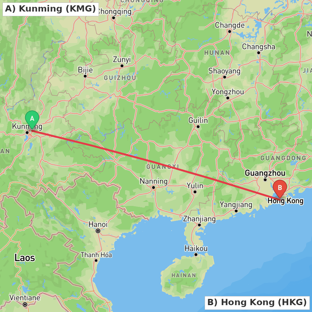 Flight route map from Kunming to Hong Kong