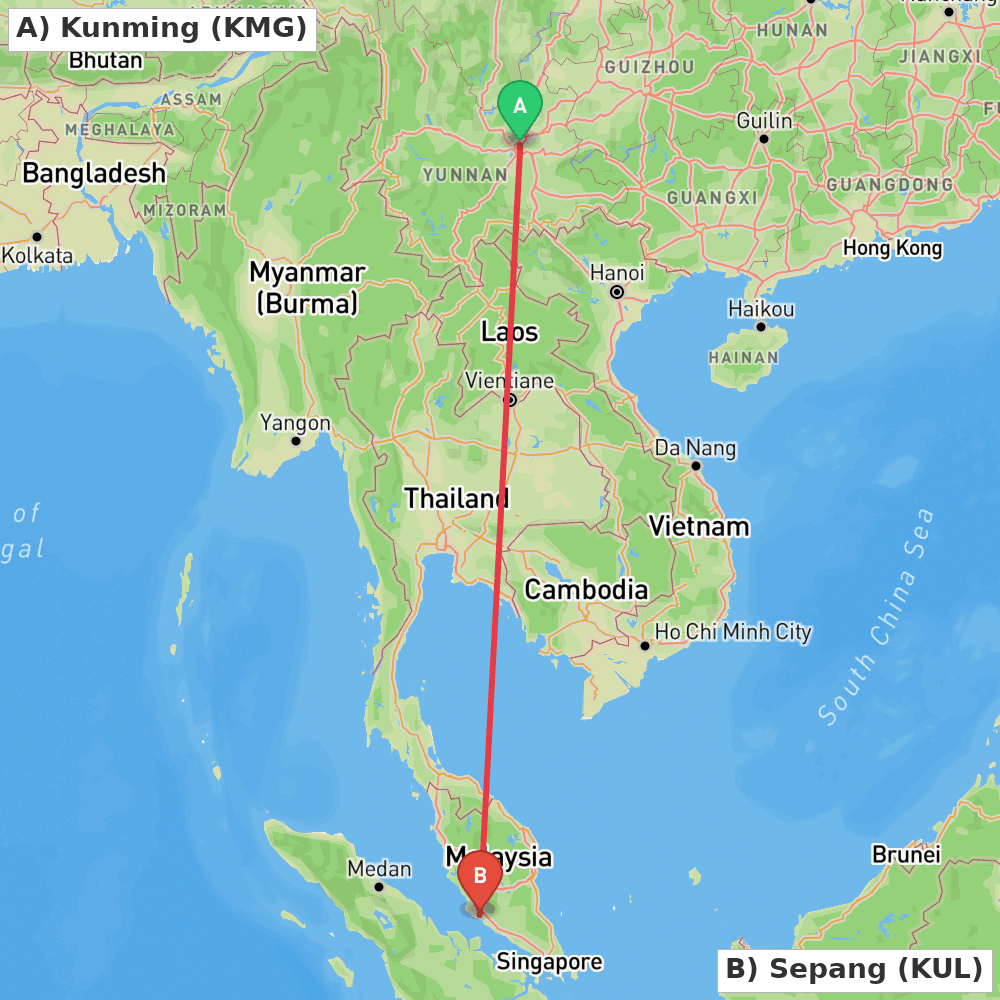 Flight route map from Kunming to Sepang