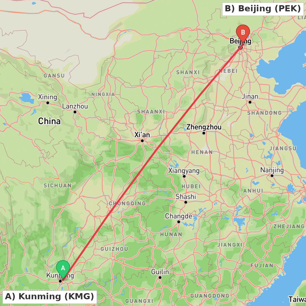 Flight route map from Kunming to Beijing
