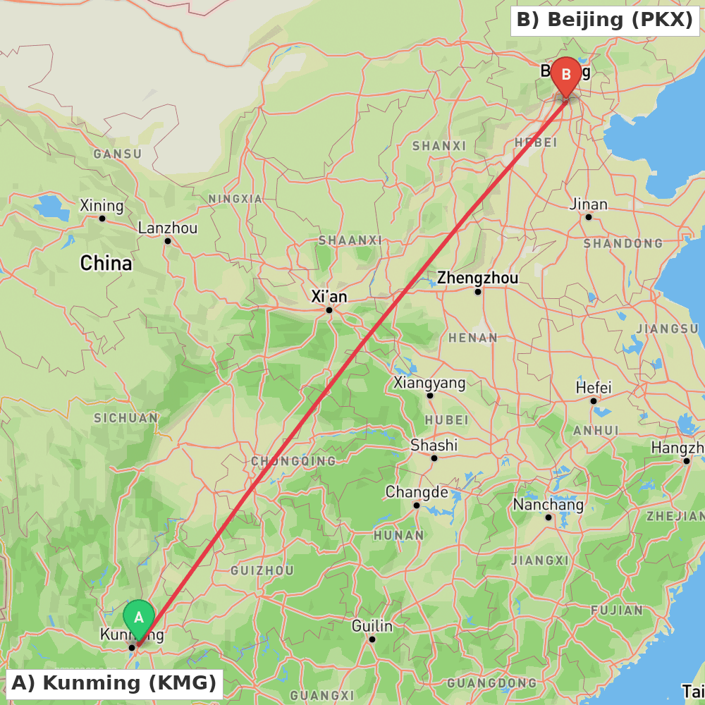 Flight route map from Kunming to Beijing