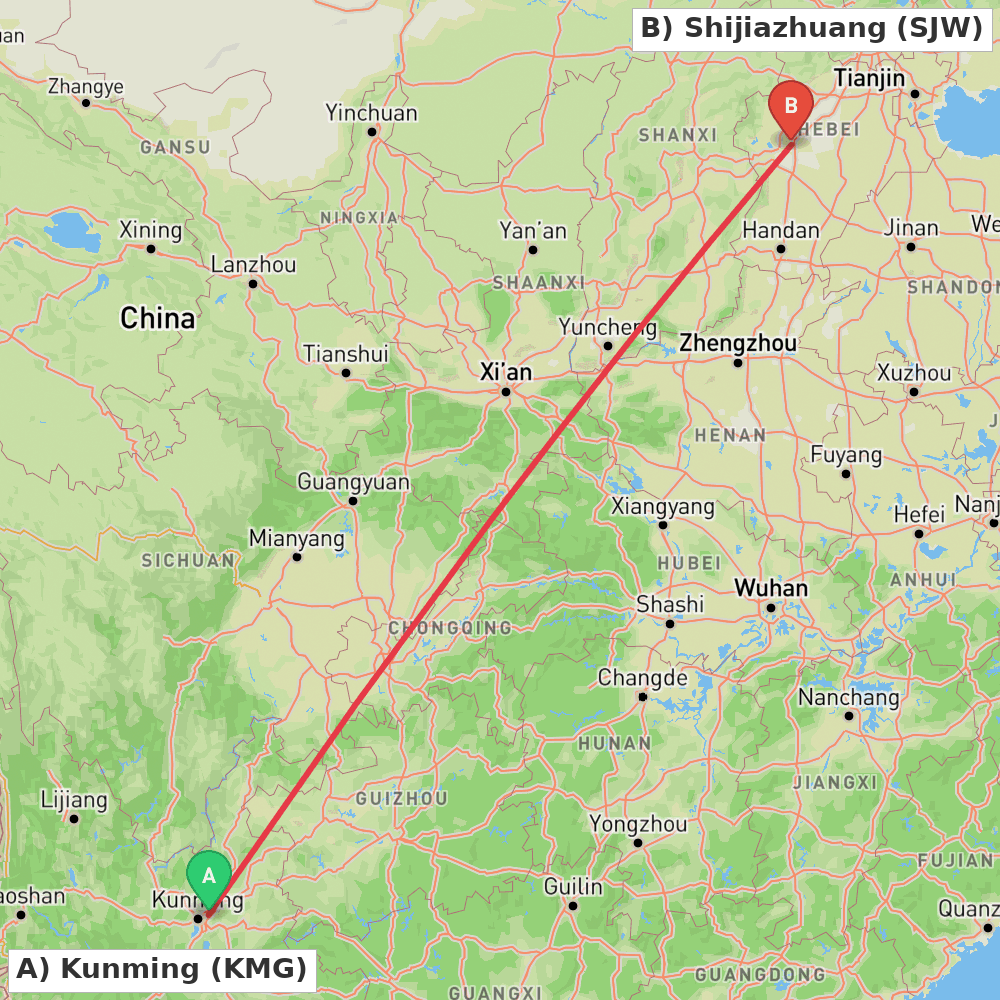 Flight route map from Kunming to Shijiazhuang