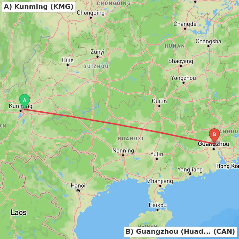 Flight route map from Kunming to Guangzhou (Huadu)