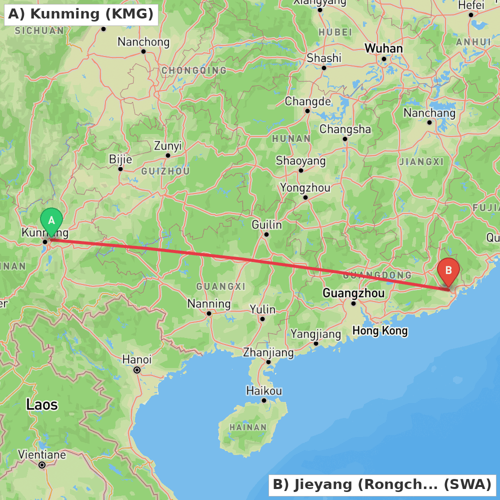 Flight route map from Kunming to Jieyang (Rongcheng)