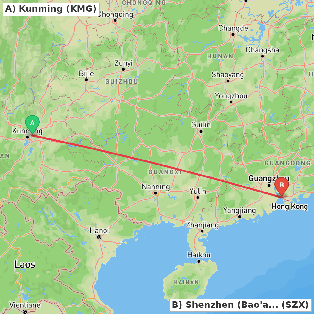 Flight route map from Kunming to Shenzhen (Bao'an)