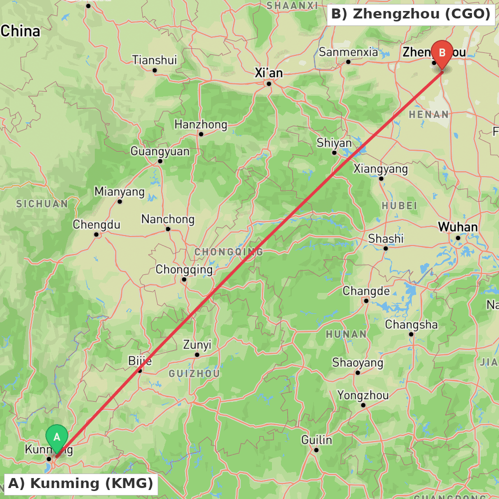 Flight route map from Kunming to Zhengzhou