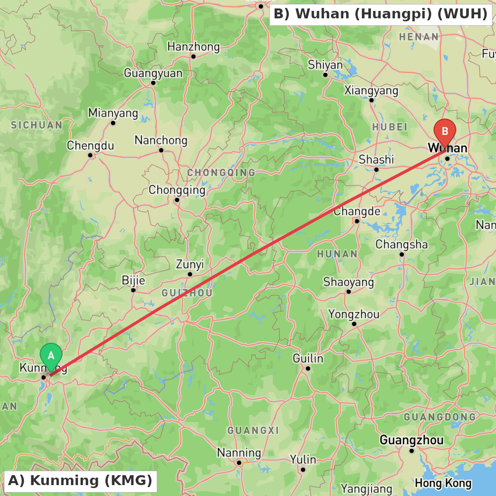 Flight route map from Kunming to Wuhan (Huangpi)