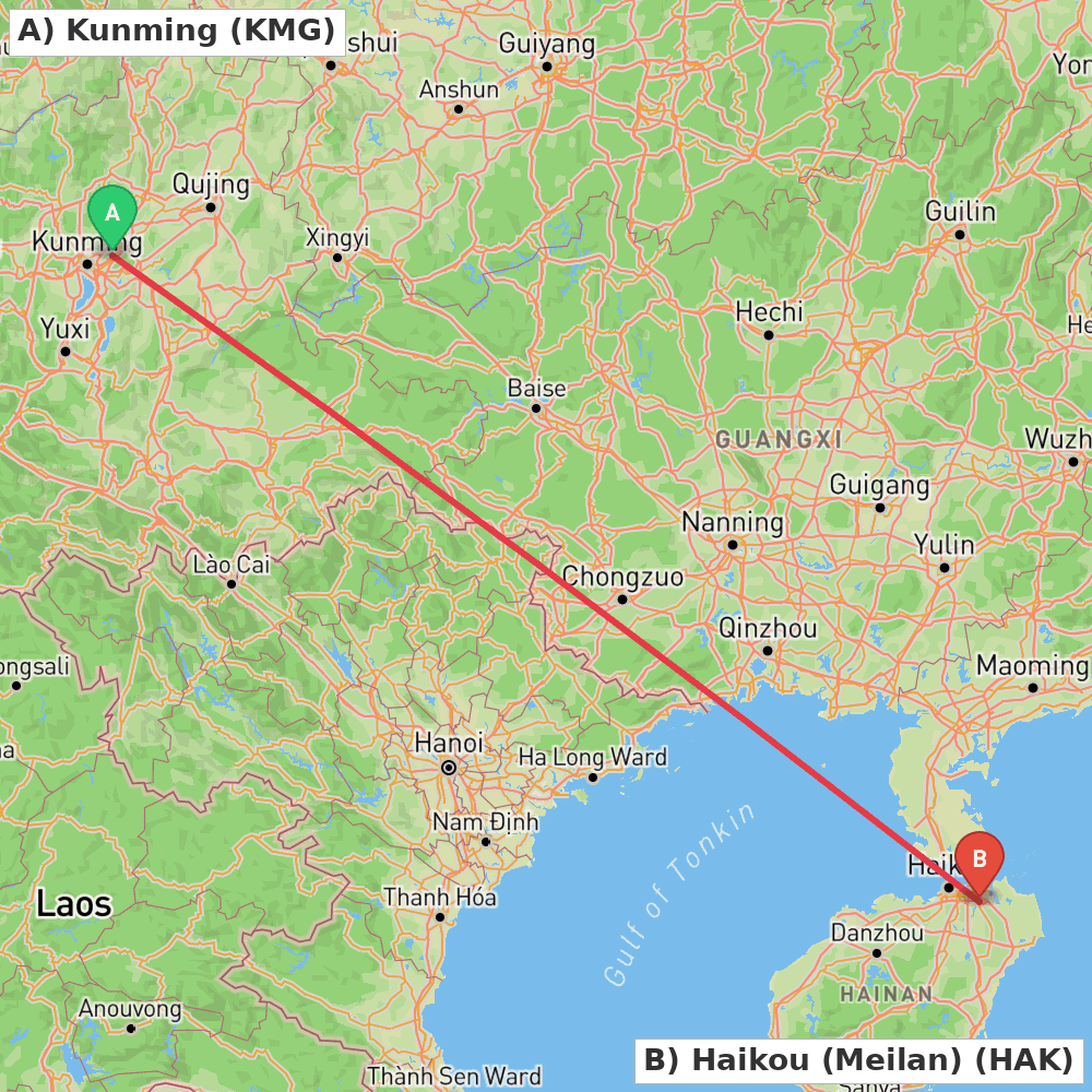 Flight route map from Kunming to Haikou (Meilan)