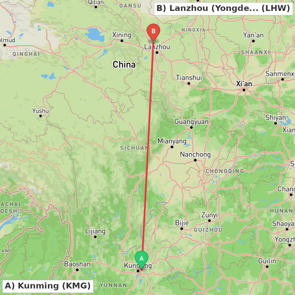 Flight route map from Kunming to Lanzhou (Yongdeng)