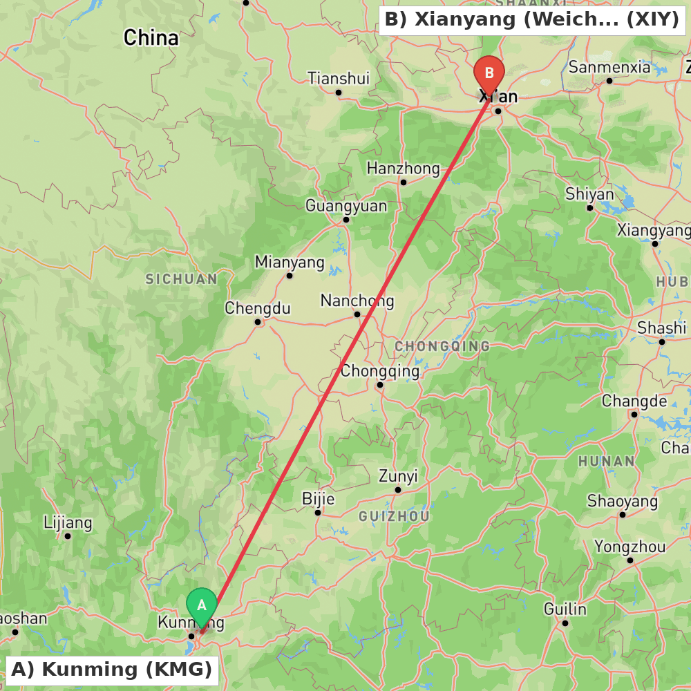 Flight route map from Kunming to Xianyang (Weicheng)