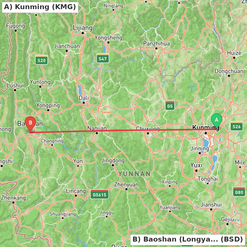 Flight route map from Kunming to Baoshan (Longyang)
