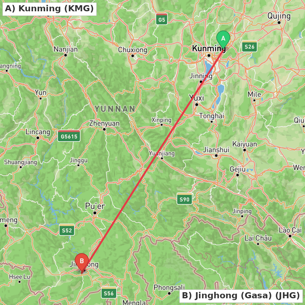 Flight route map from Kunming to Jinghong (Gasa)