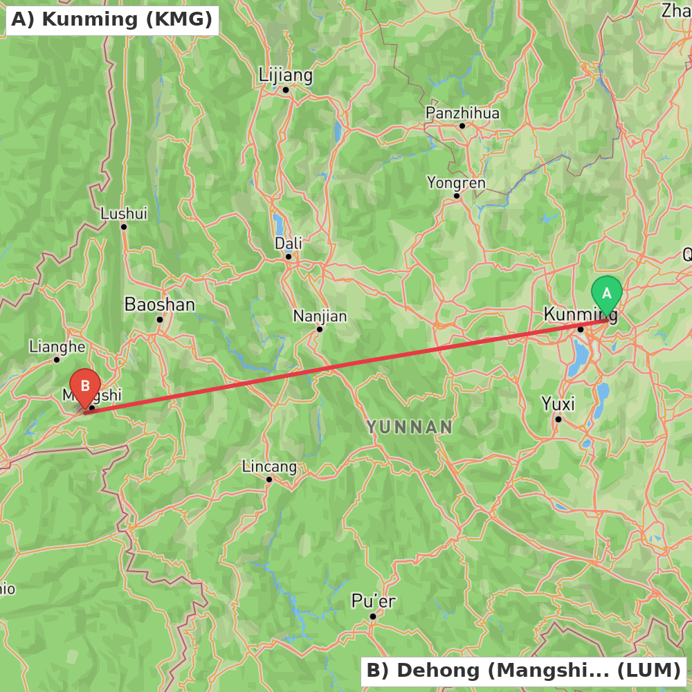 Flight route map from Kunming to Dehong (Mangshi)