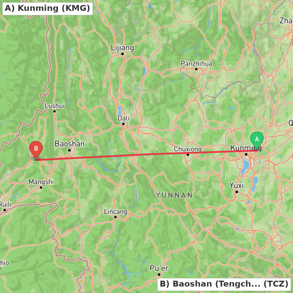 Flight route map from Kunming to Baoshan (Tengchong)