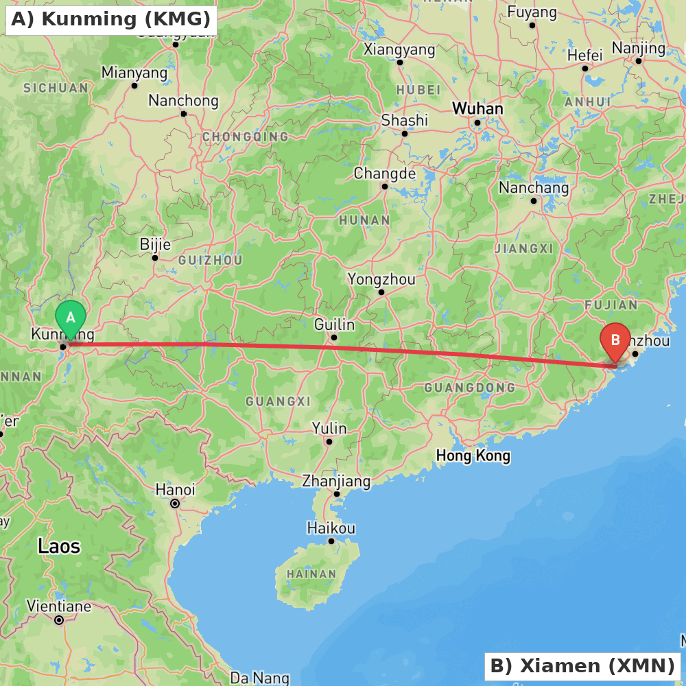 Flight route map from Kunming to Xiamen