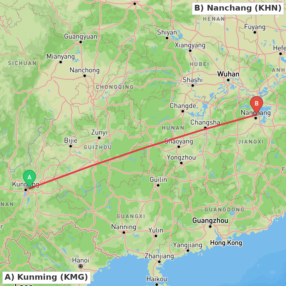 Flight route map from Kunming to Nanchang