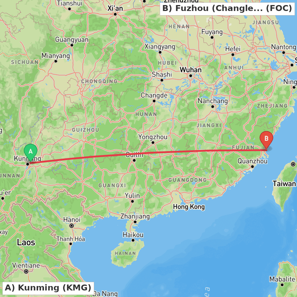 Flight route map from Kunming to Fuzhou (Changle)