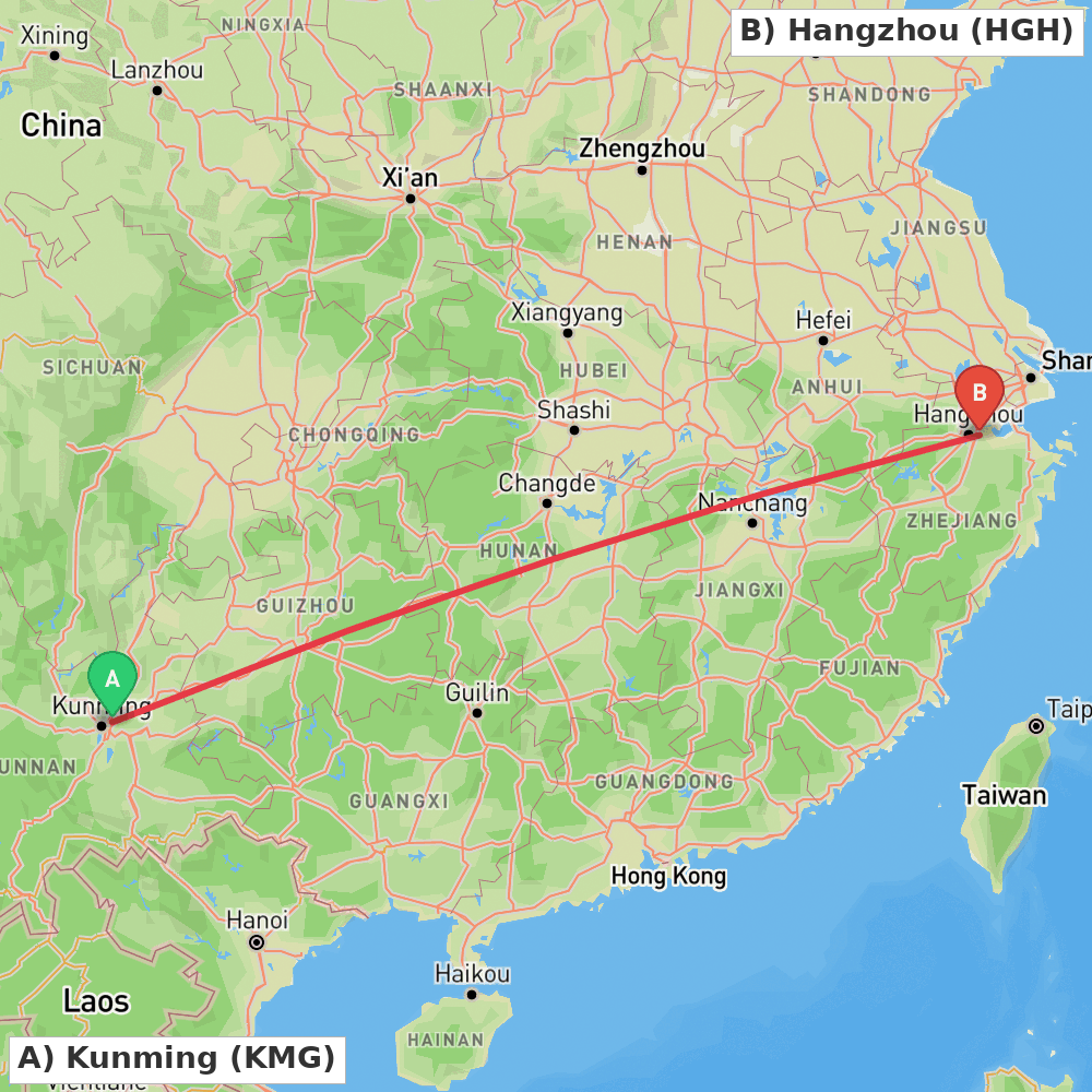 Flight route map from Kunming to Hangzhou