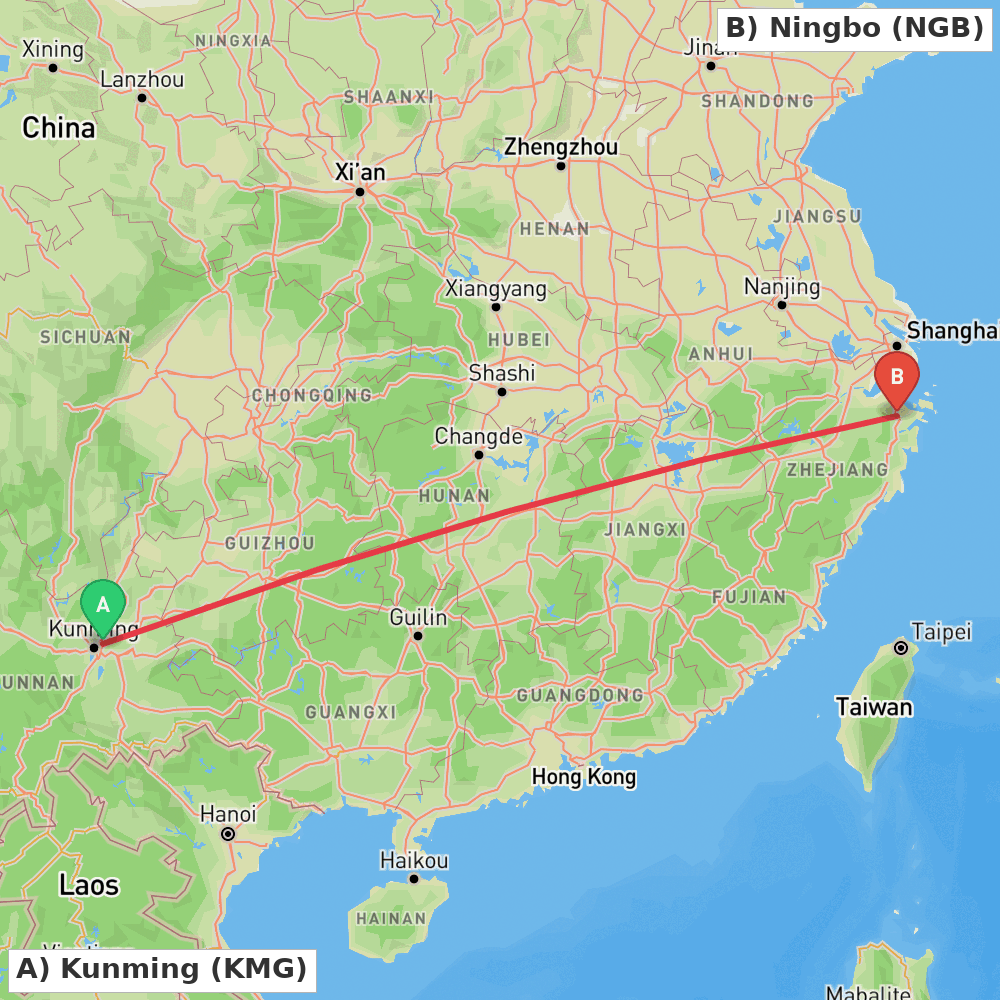 Flight route map from Kunming to Ningbo