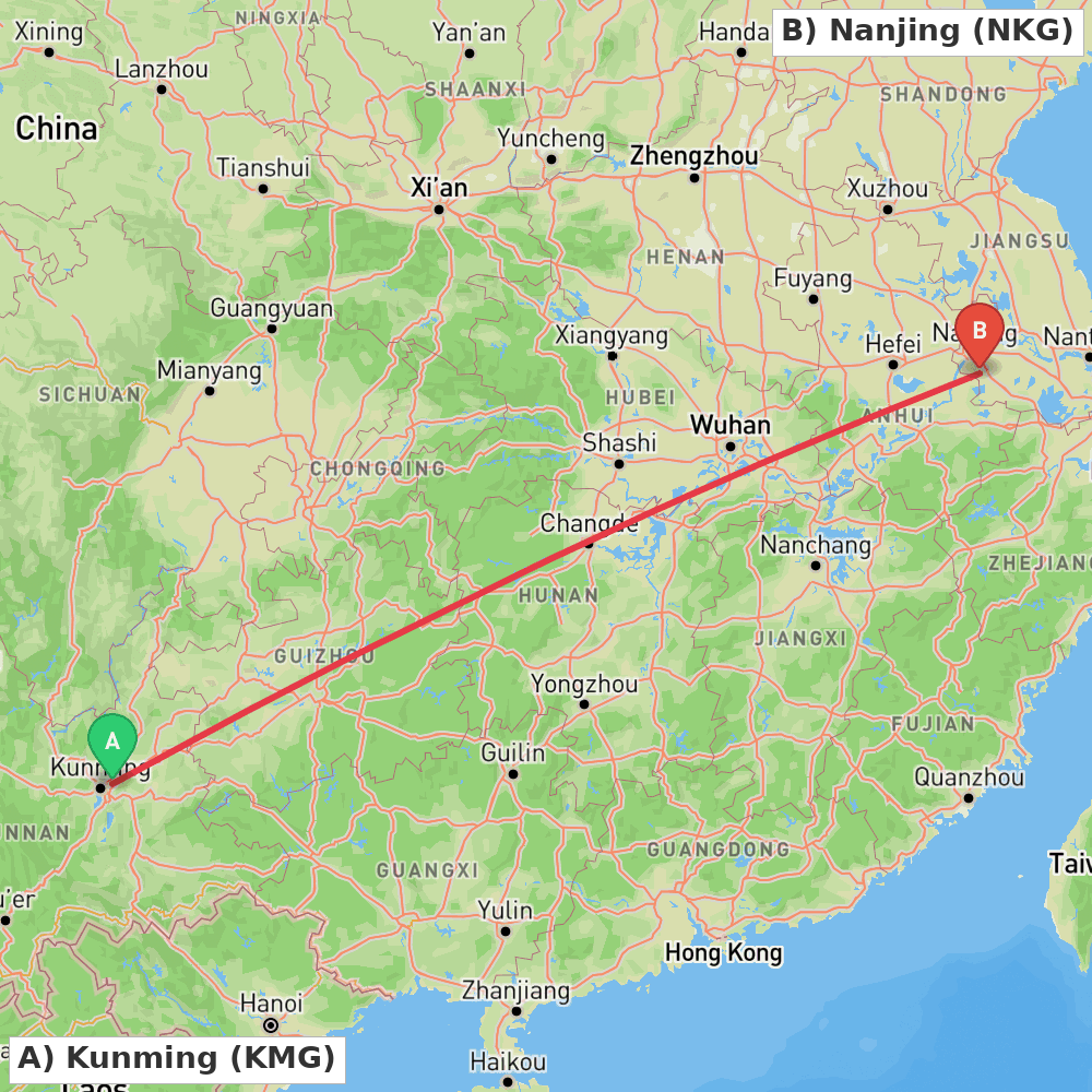 Flight route map from Kunming to Nanjing