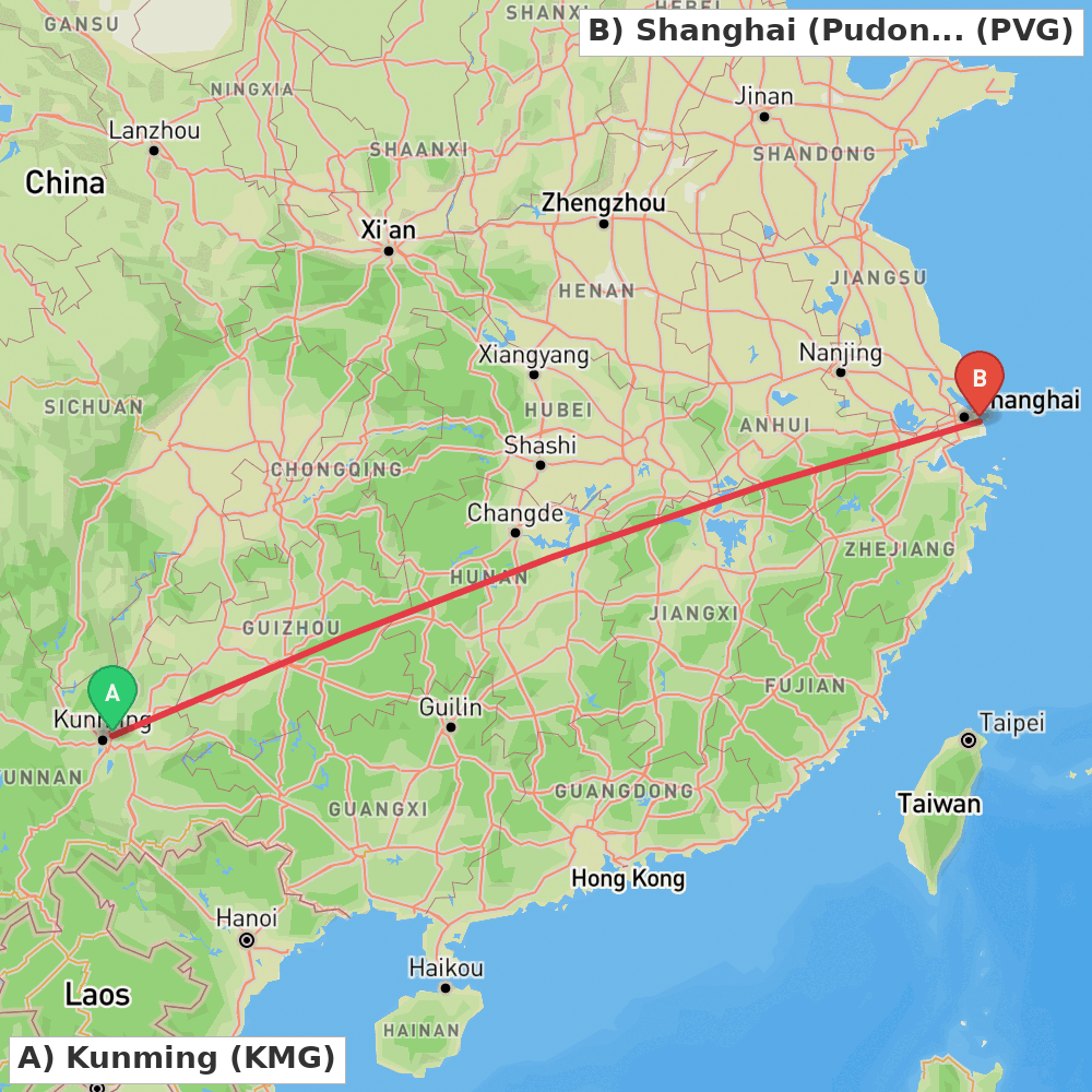 Flight route map from Kunming to Shanghai (Pudong)