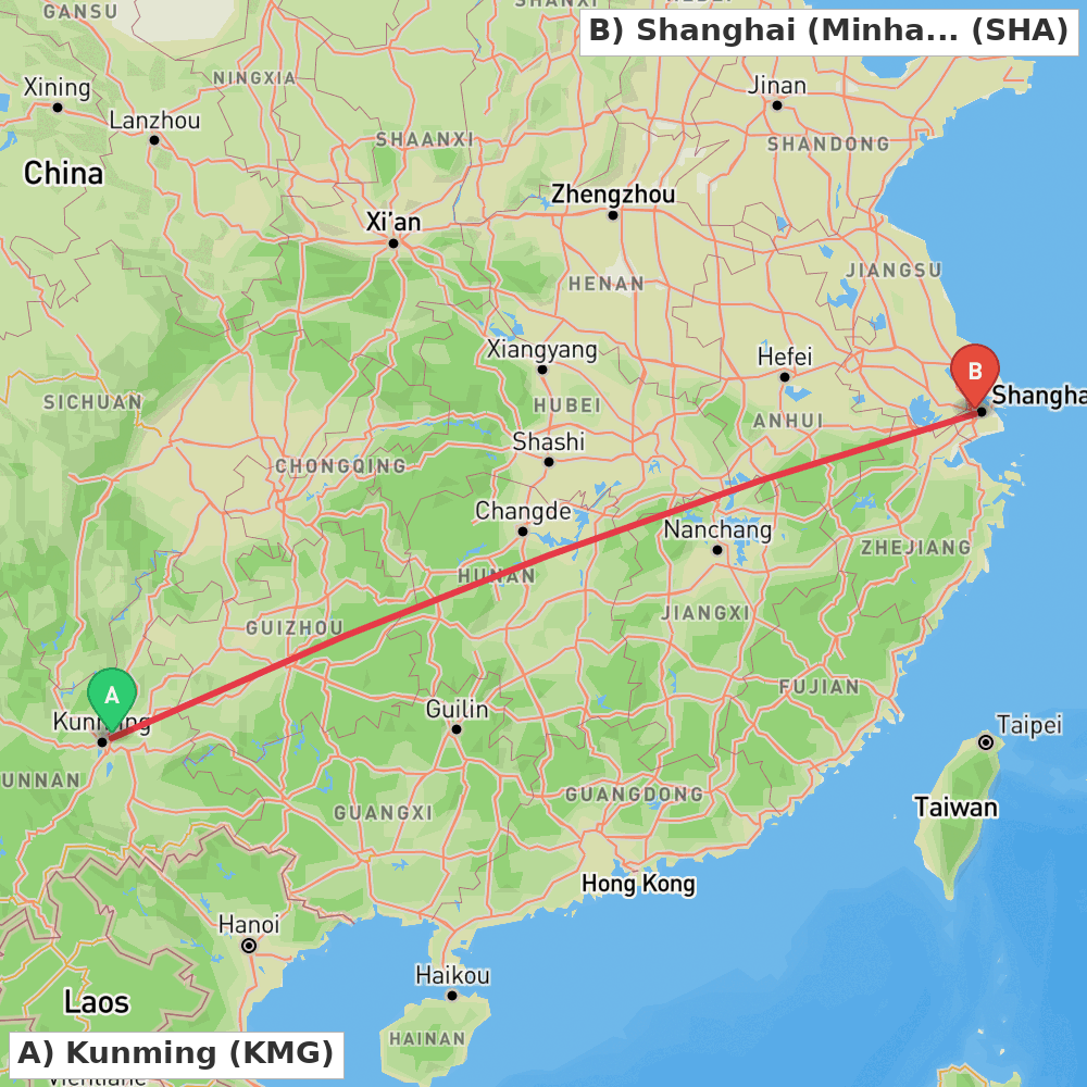 Flight route map from Kunming to Shanghai (Minhang)