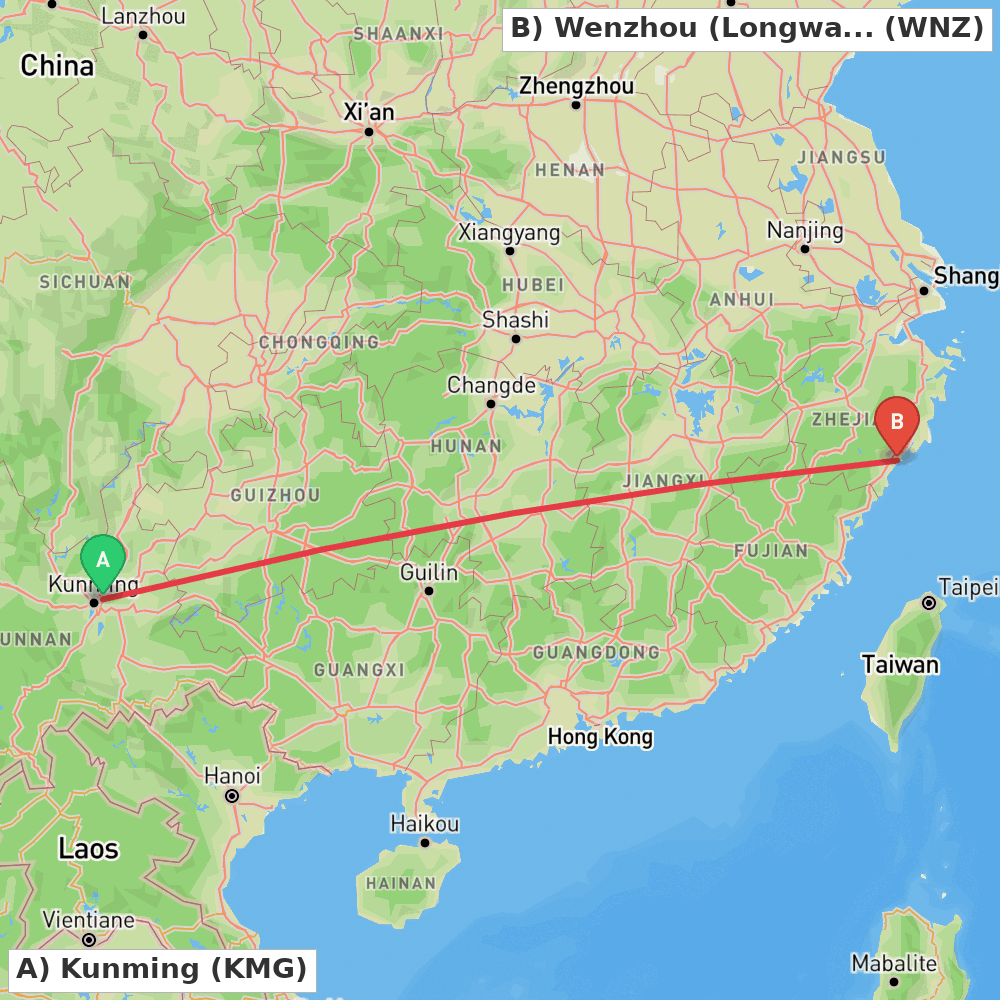 Flight route map from Kunming to Wenzhou (Longwan)