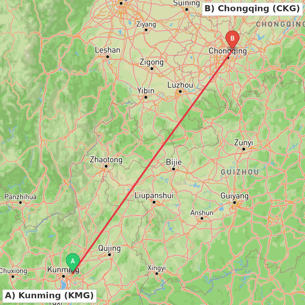 Flight route map from Kunming to Chongqing