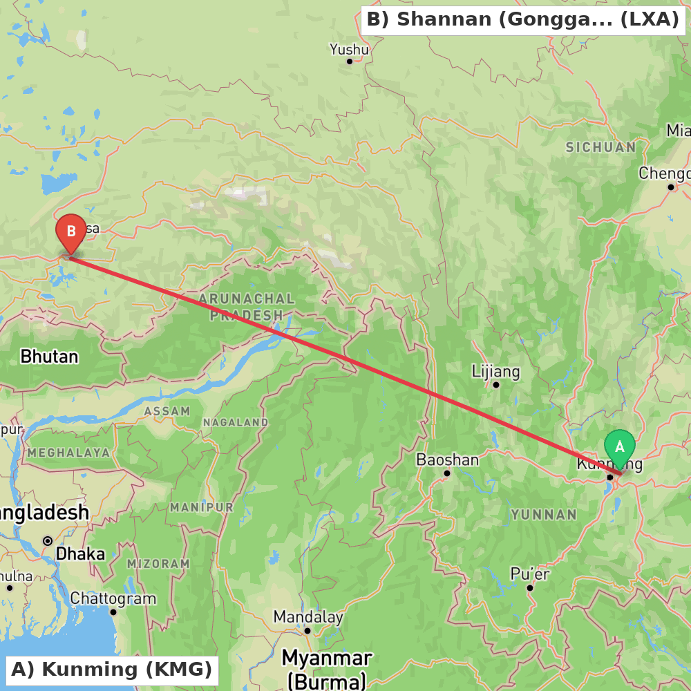 Flight route map from Kunming to Shannan (Gonggar)