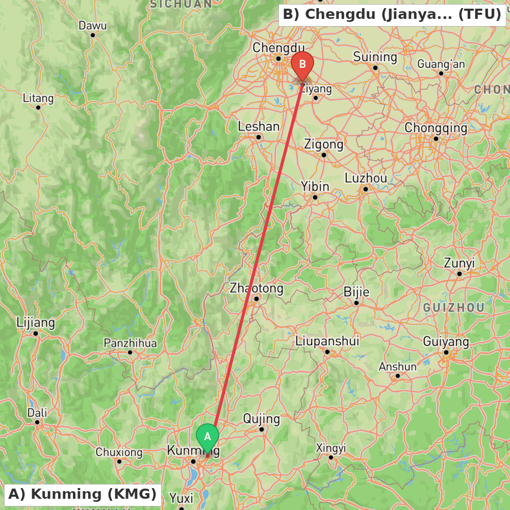 Flight route map from Kunming to Chengdu (Jianyang)
