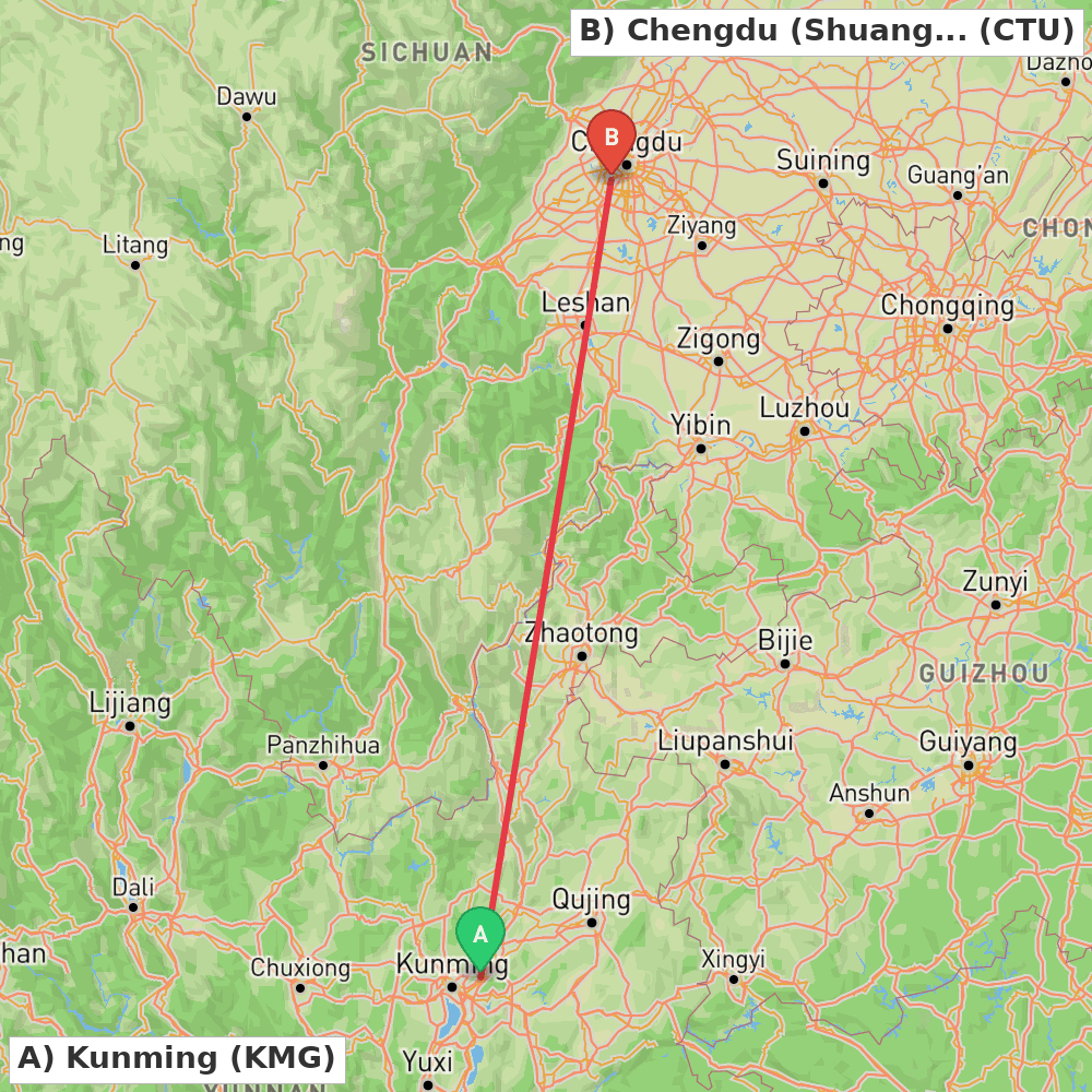 Flight route map from Kunming to Chengdu (Shuangliu)