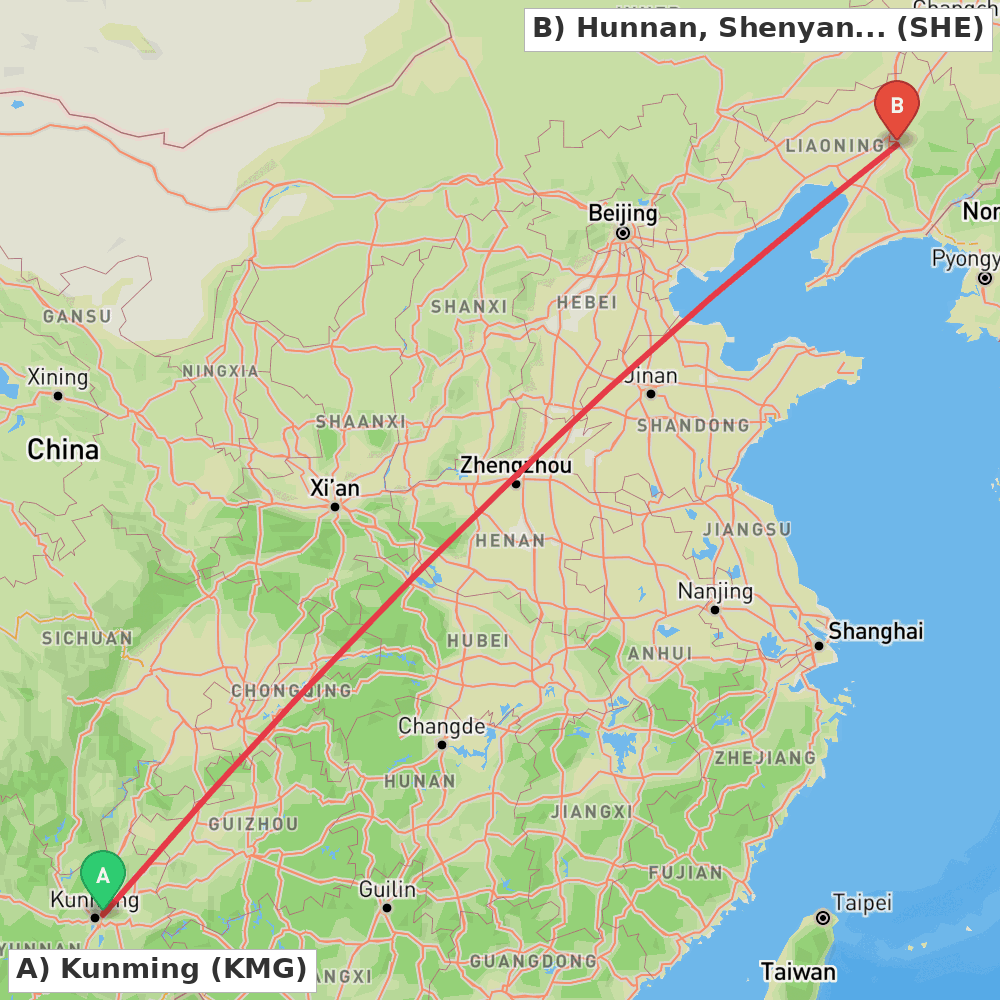 Flight route map from Kunming to Hunnan, Shenyang