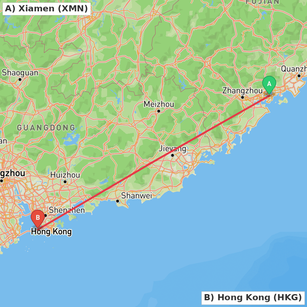 Flight route map from Xiamen to Hong Kong