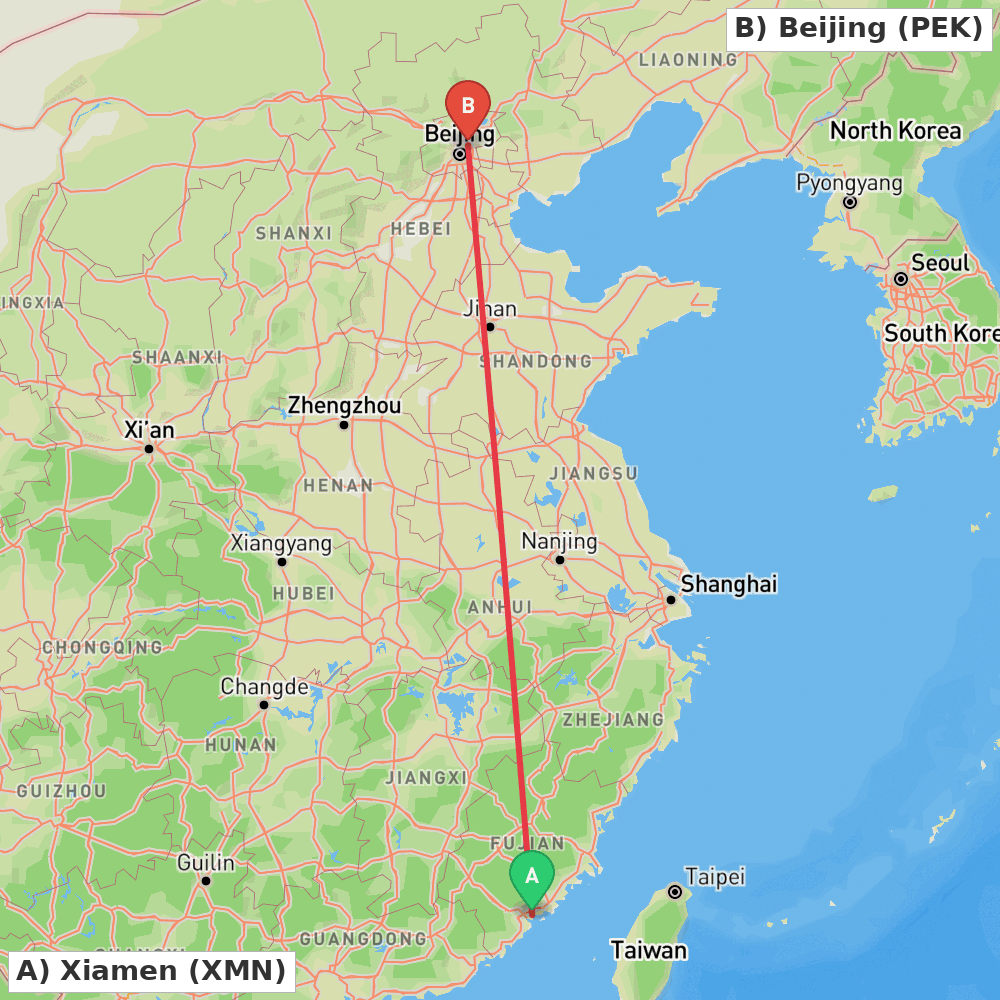 Flight route map from Xiamen to Beijing