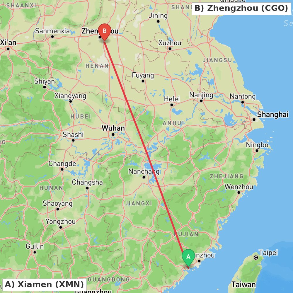 Flight route map from Xiamen to Zhengzhou