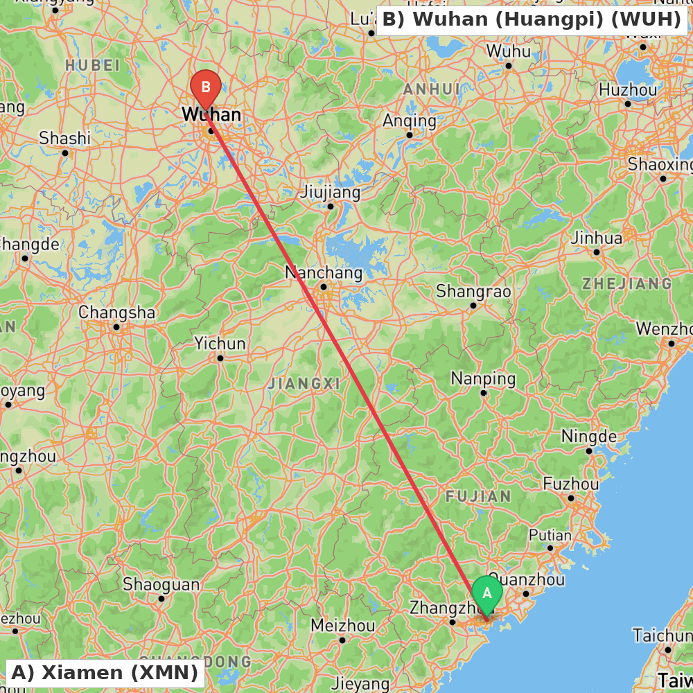 Flight route map from Xiamen to Wuhan (Huangpi)