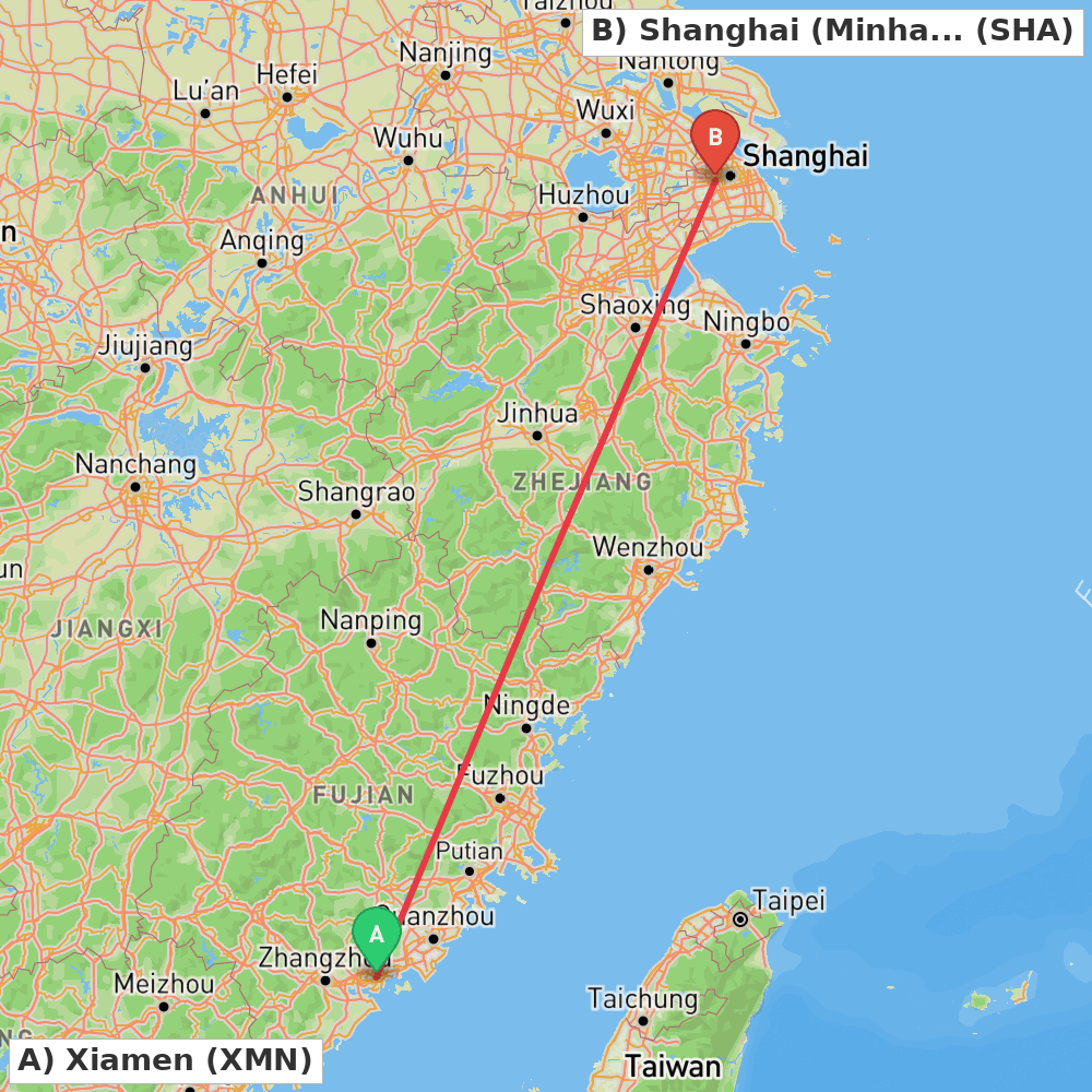 Flight route map from Xiamen to Shanghai (Minhang)