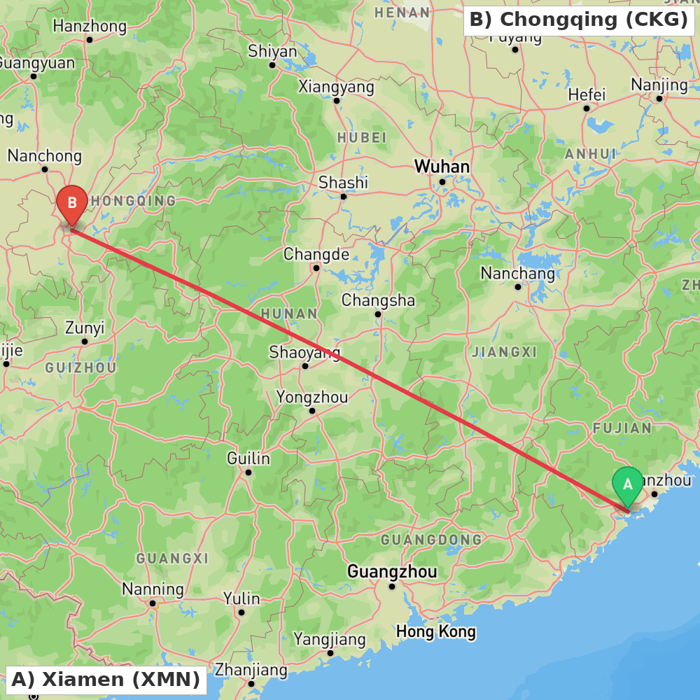 Flight route map from Xiamen to Chongqing