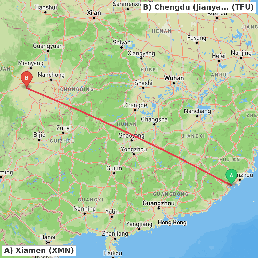 Flight route map from Xiamen to Chengdu (Jianyang)