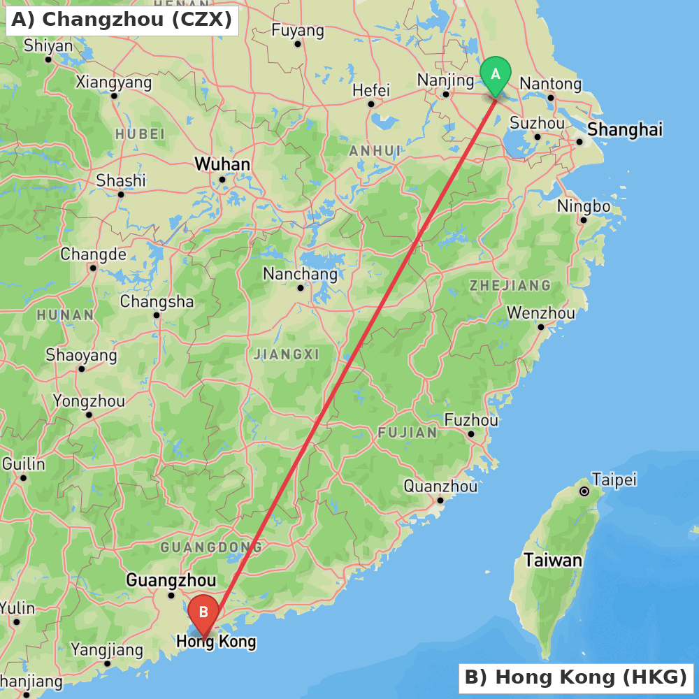 Flight route map from Changzhou to Hong Kong