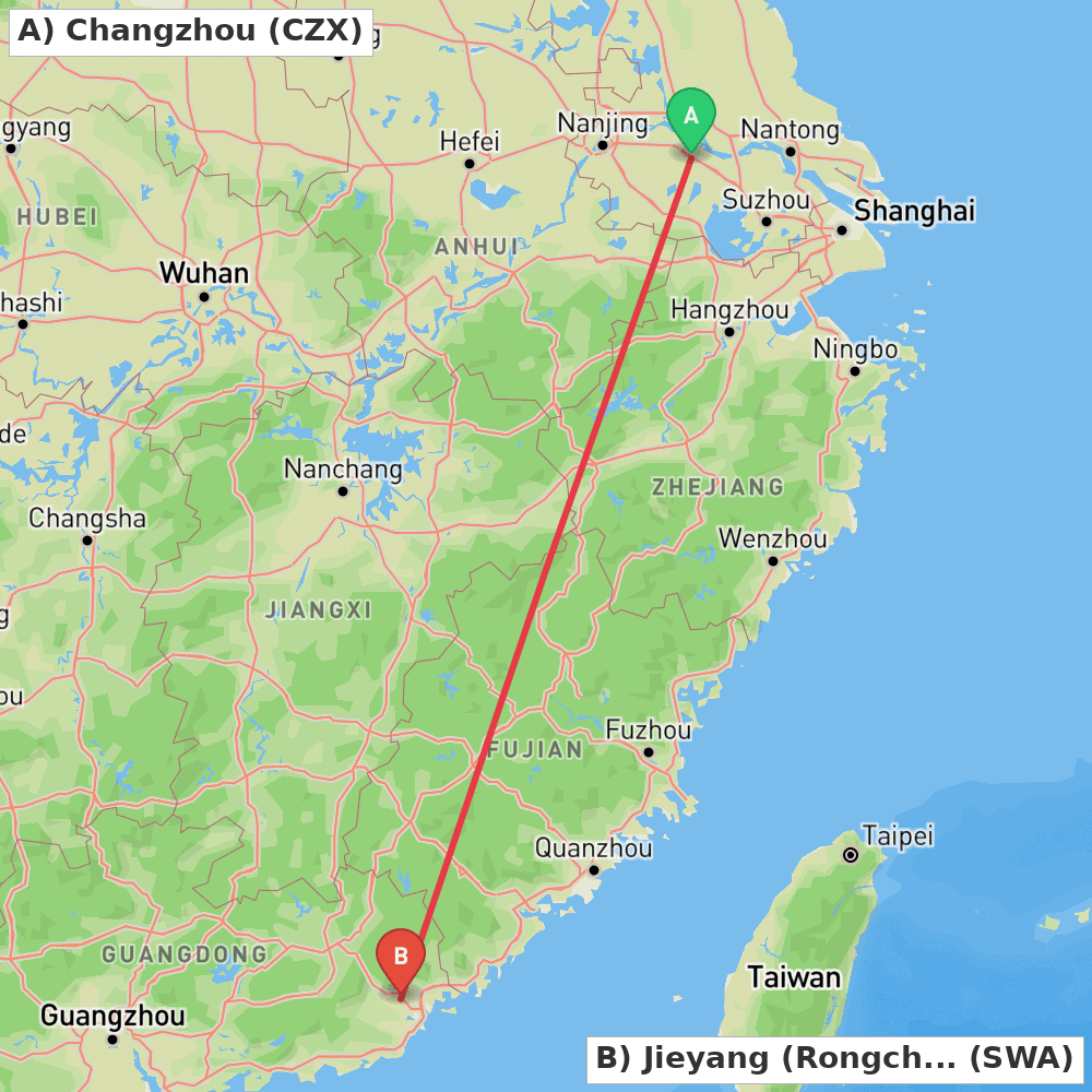 Flight route map from Changzhou to Jieyang (Rongcheng)